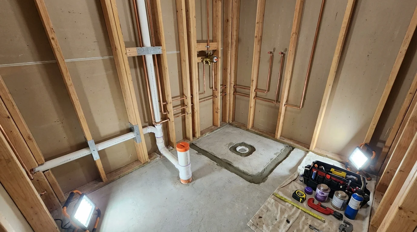 Bathroom rough-in plumbing during remodel by Johns Plumbing LLC in Asbury Park