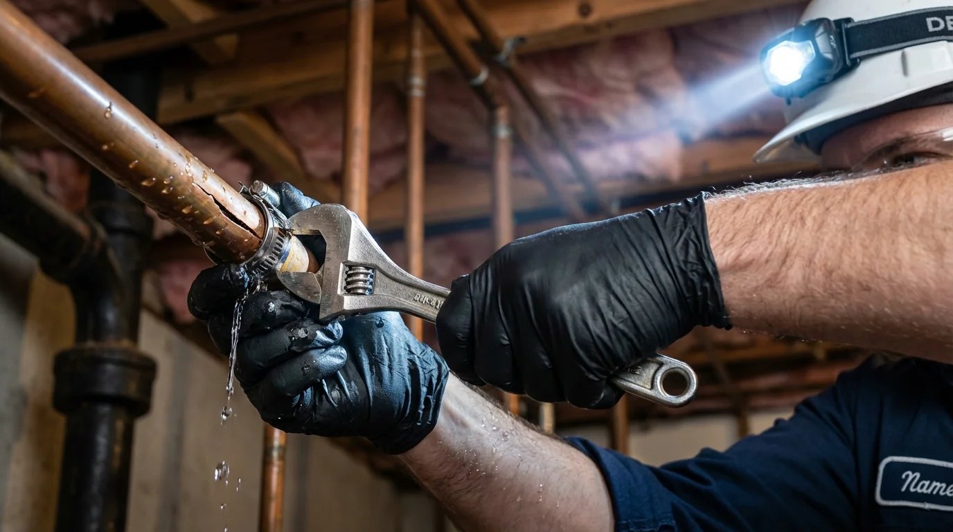 Emergency pipe clamp repair being performed by a Johns Plumbing LLC plumber in Asbury Park