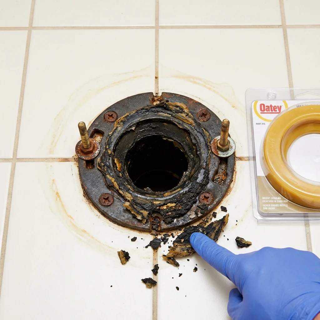 Failed wax ring showing water seepage at the base of a toilet in a Asbury Park, NJ home