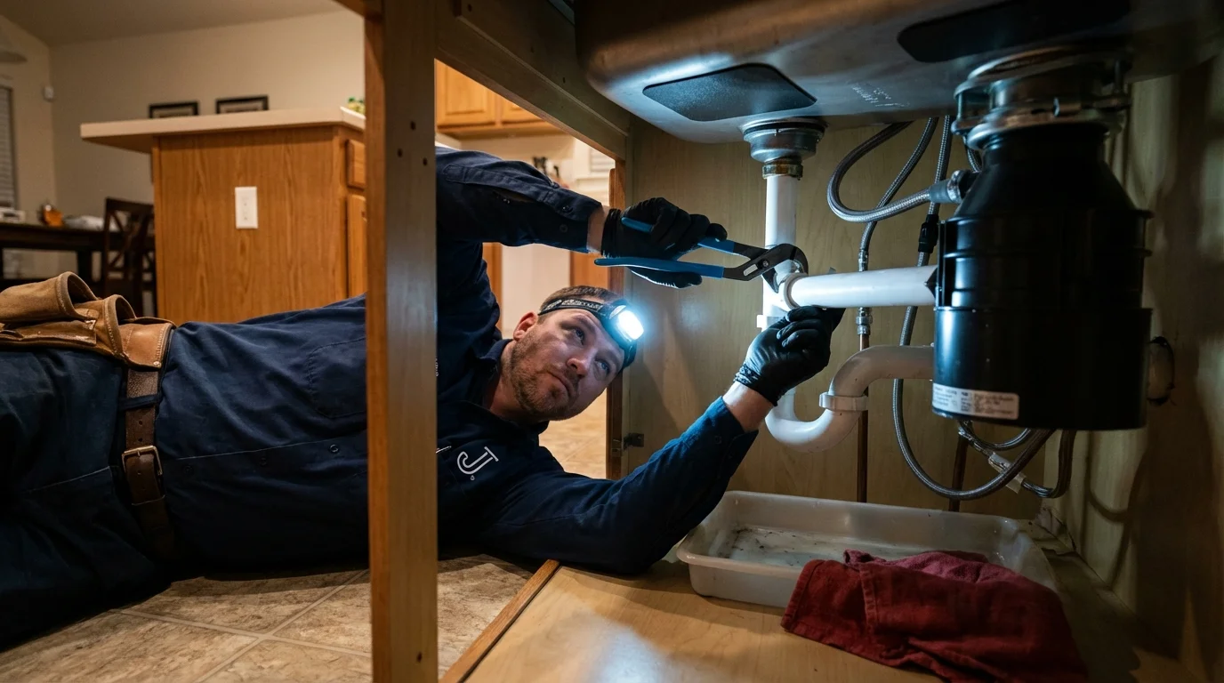 P-trap and supply line connections under a kitchen sink showing a common leak point in Asbury Park, NJ